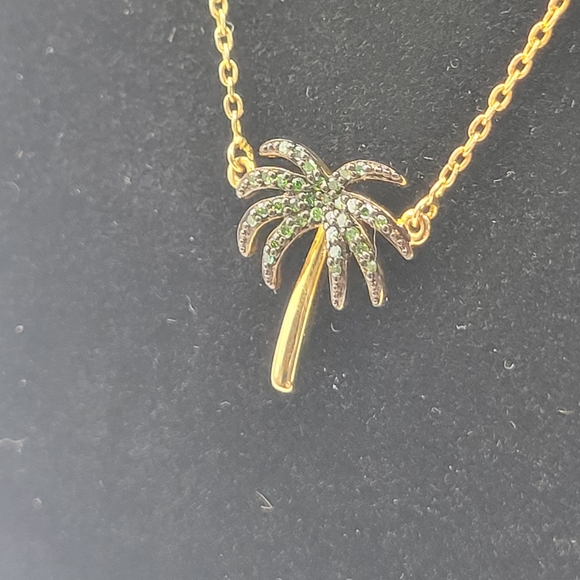 Green Diamond Palm Tree Necklace Gold Plated Sterling Silver 18" - Picture 8 of 8